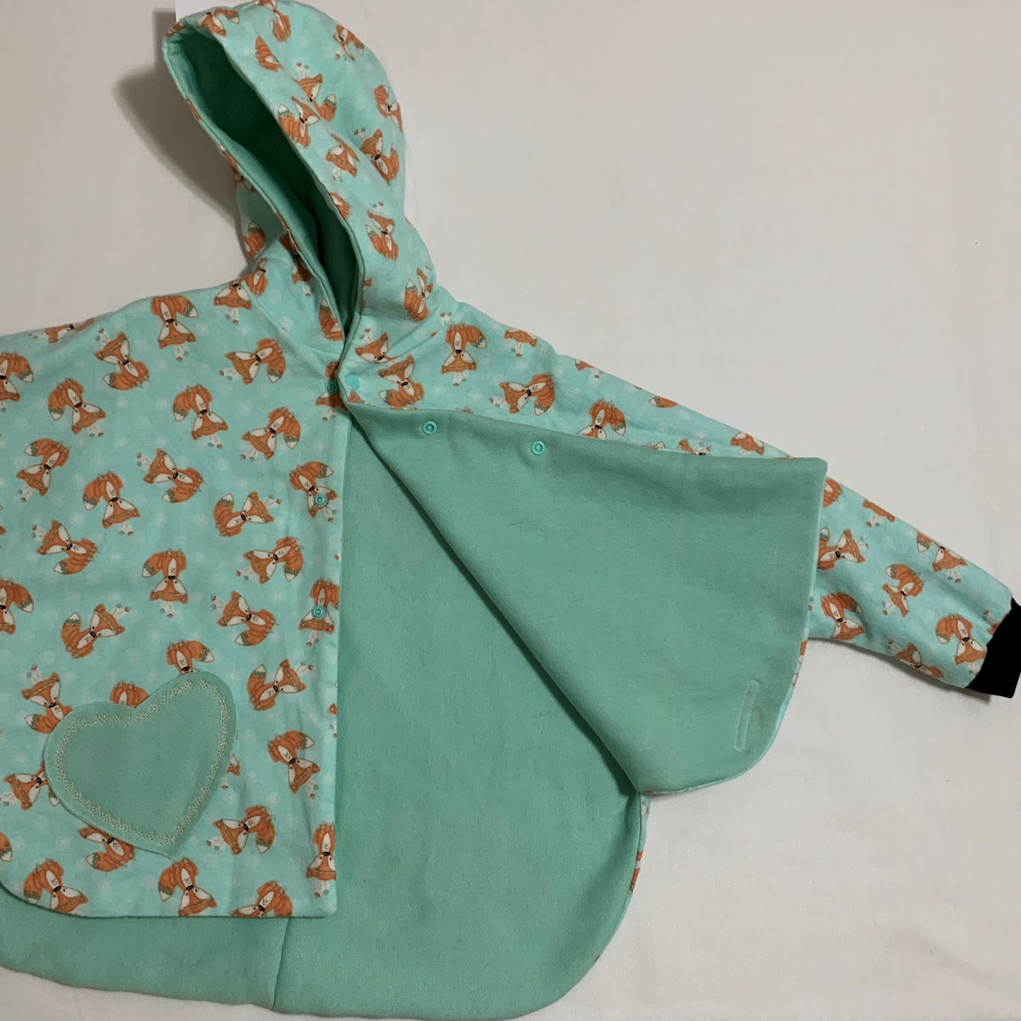 Coat - Poncho Coat/Jacket - Mint Green Lined, Fox Print, Hooded with Mint Green Heart Shape Pocket and Black Cuffs