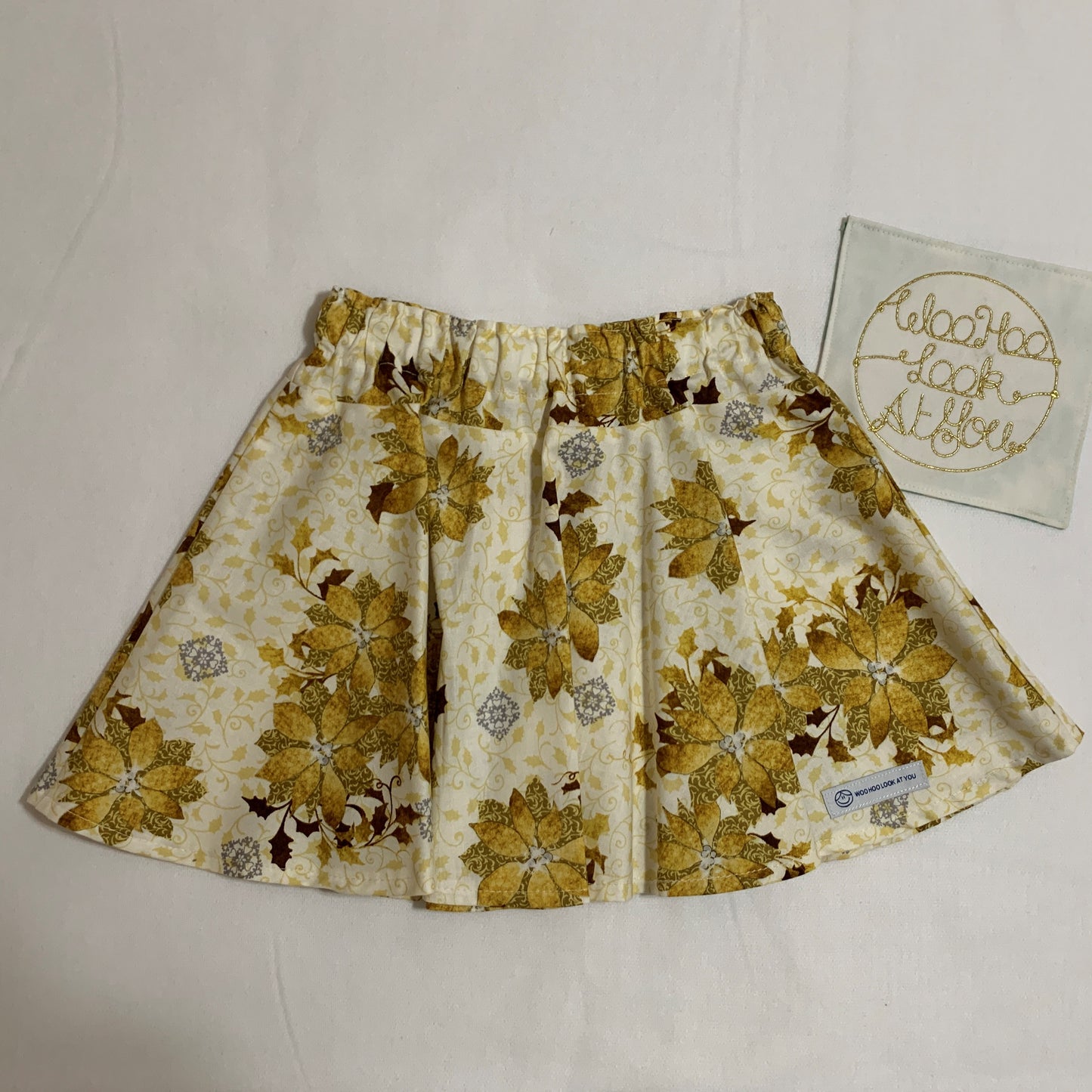 Skirt - Christmas - Elastic Waist with Gold Poinsettia Flowers