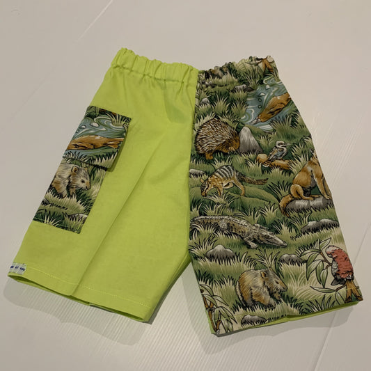Pants - Cargo Shorts - Australian Animals, Flap Pocket for Rocks, Elastic Waist