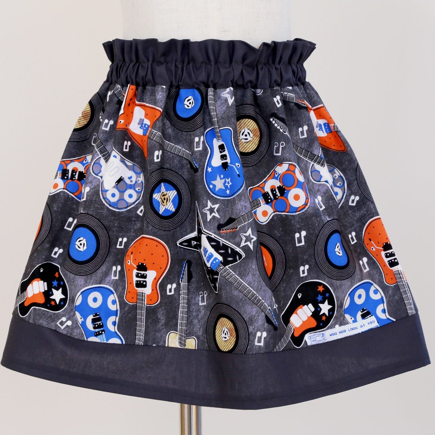 Skirt - High Waisted - Tadah Paper Bag Skirt Toddler Guitars and Records on Grey with  Dark Grey Trim