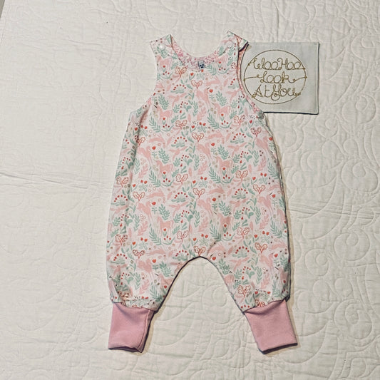 Overalls - All In 1 - Unicorns & Rabbits on White with Light Pink Ribbing