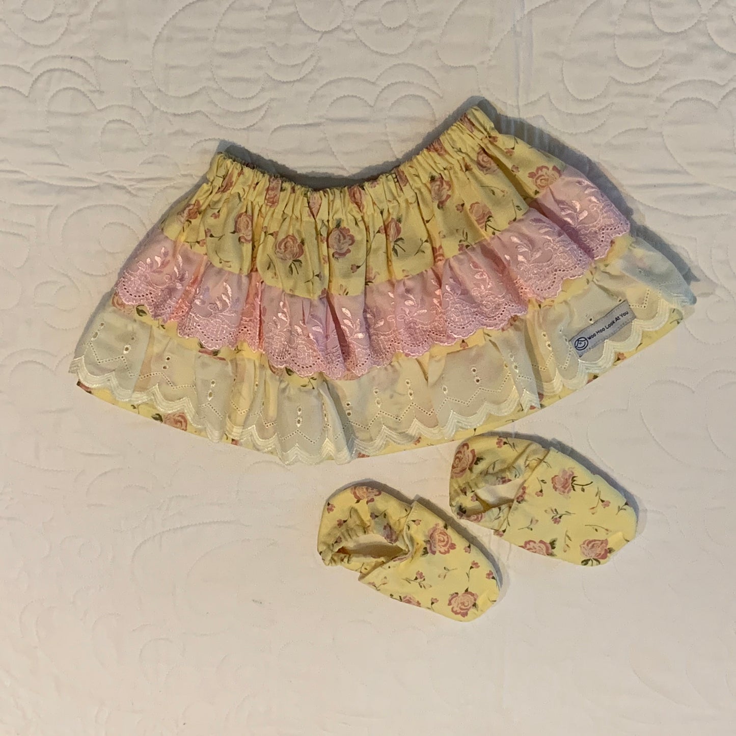 2 Piece Set - Skirt & Slip Ons - Cream with Pink and Yellow Flowers