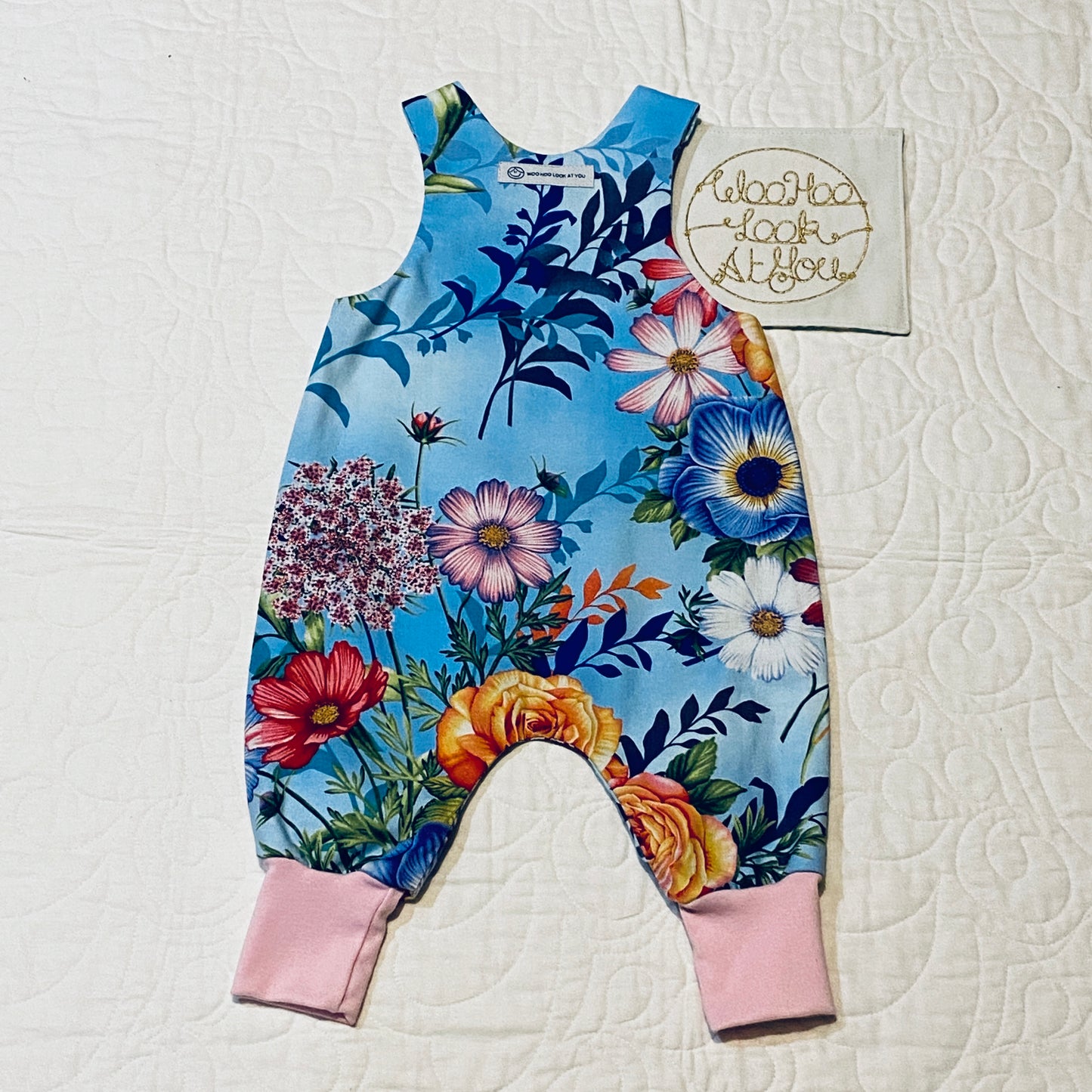 Overalls - All In 1 - Bright Flowers on Blue with Light Pink Ribbing