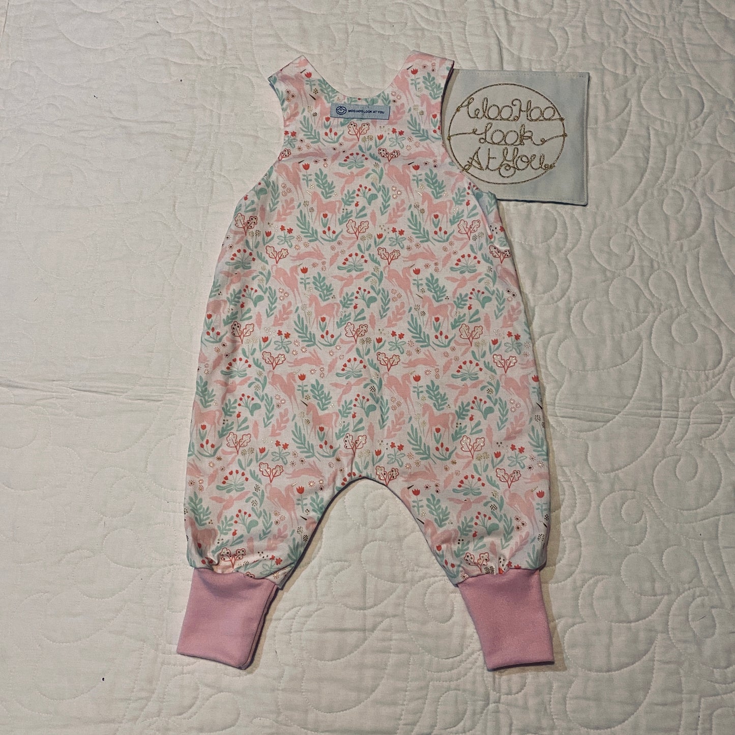 Overalls - All In 1 - Unicorns & Rabbits on White with Light Pink Ribbing