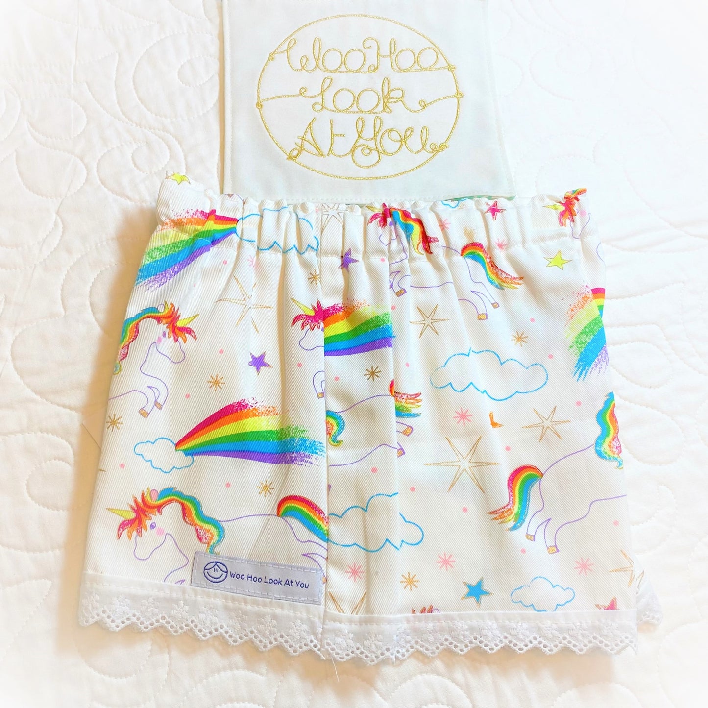 Shorts - Unicorns with Rainbow Tails White Anglaise Hemline and Elastic Waist