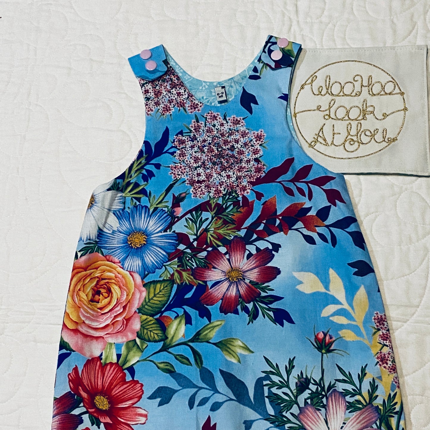 Overalls - All In 1 - Bright Flowers on Blue with Light Pink Ribbing