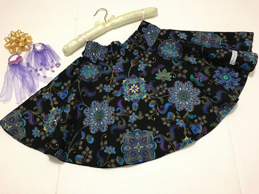 Skirt - Elastic Waist, 100% Cotton, Black with White Metallic Floral, Circular Skirt