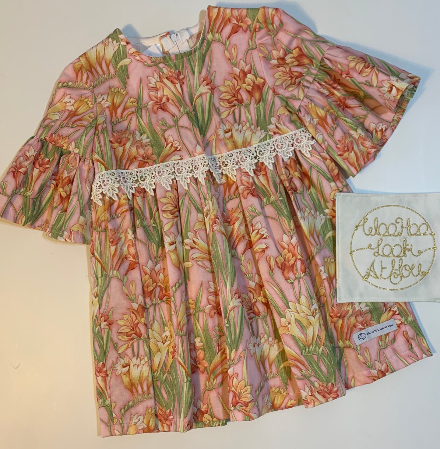 Dress - 3/4 Sleeve Floral Garden - Pink Tones,  3/4 Sleeve with Ruffle