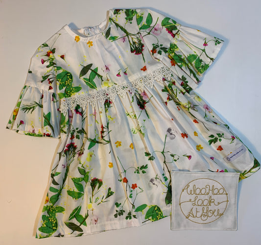 Dress - 3/4 Sleeve Floral Garden - Green Tones,  3/4 Sleeve with Ruffle