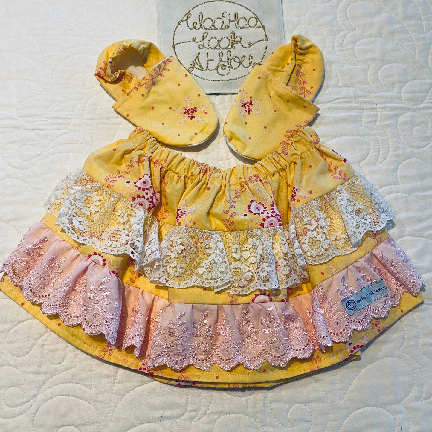 2 Piece Set - Skirt & Slip Ons - Yellow with Multi Pink Flowers with White Lace and Pink Anglaise