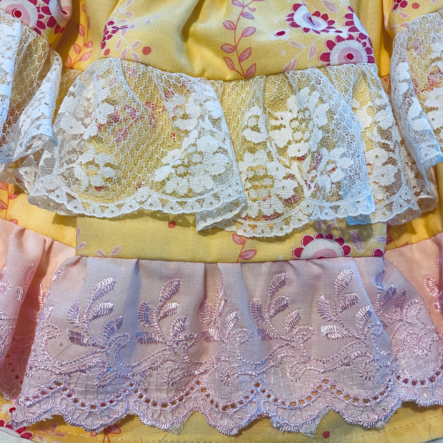 2 Piece Set - Skirt & Slip Ons - Yellow with Multi Pink Flowers with White Lace and Pink Anglaise