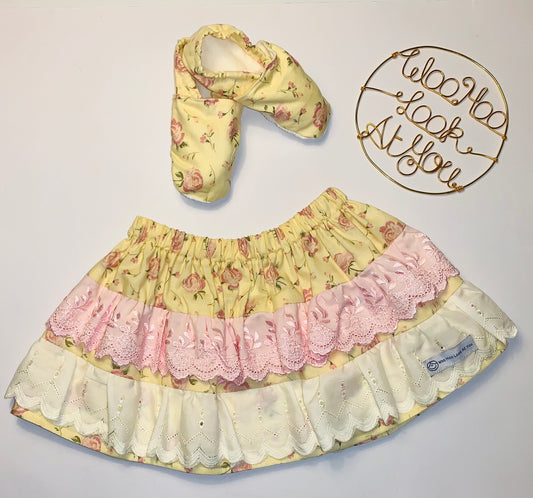 2 Piece Set - Skirt & Slip Ons - Cream with Pink and Yellow Flowers