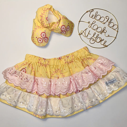 2 Piece Set - Skirt & Slip Ons - Pink Roses on Yellow