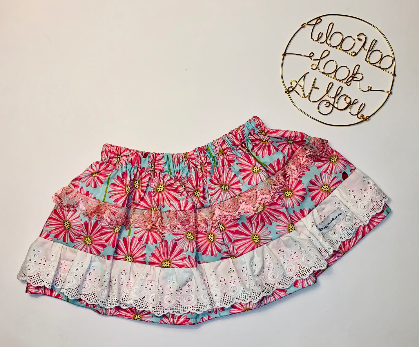 2 Piece Set - Skirt & Slip Ons - Pink Daisies on Blue