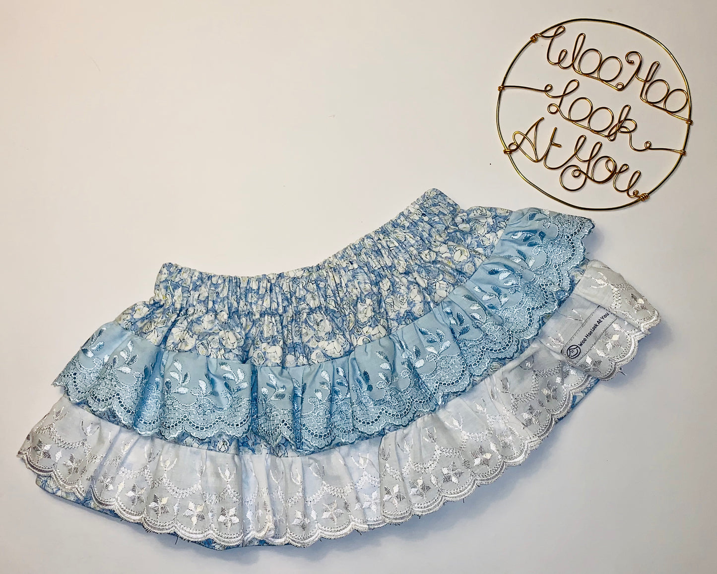 2 Piece Set - Skirt & Slip Ons - White Roses on Blue with Blue & White Anglaise