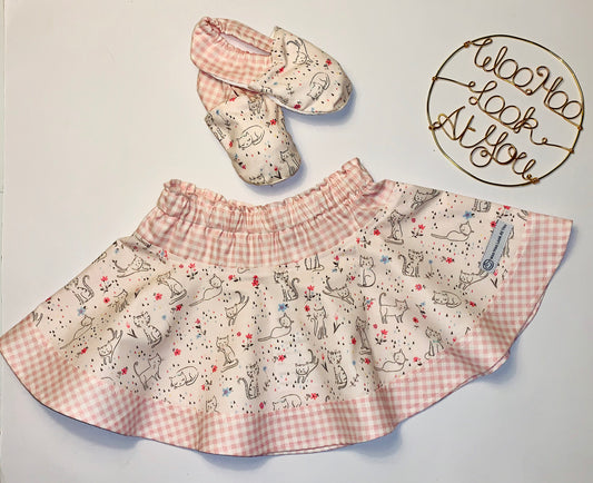 2 Piece Set - Skirt & Slip Ons - Cream Cats and Pink Gingham