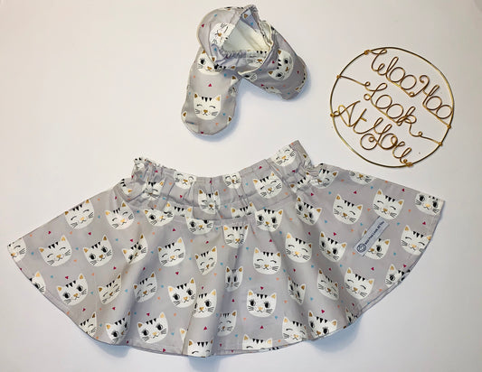 2 Piece Set - Skirt & Slip Ons - White Cats on Grey