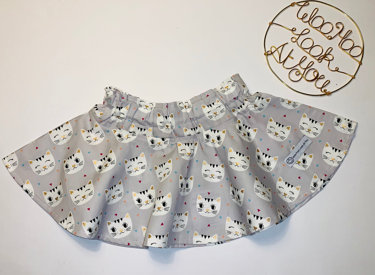 2 Piece Set - Skirt & Slip Ons - White Cats on Grey