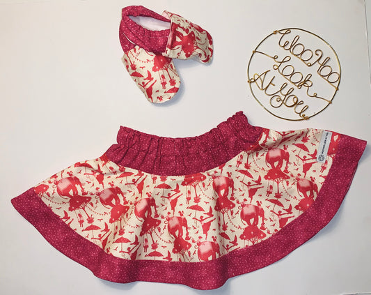 2 Piece Set - Skirt & Slip Ons - Red Elephants and Ballerinas Two-Toned