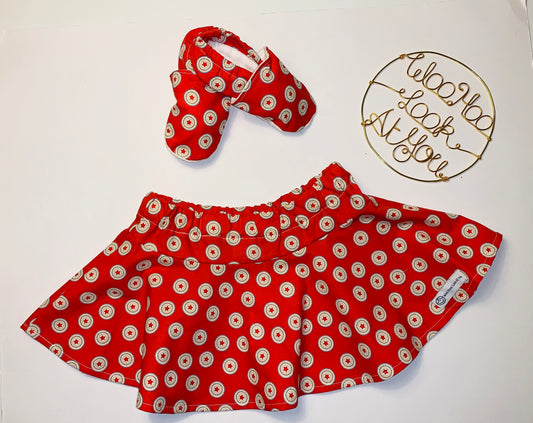 2 Piece Set - Skirt & Slip Ons - Red Stars in Circles on Red