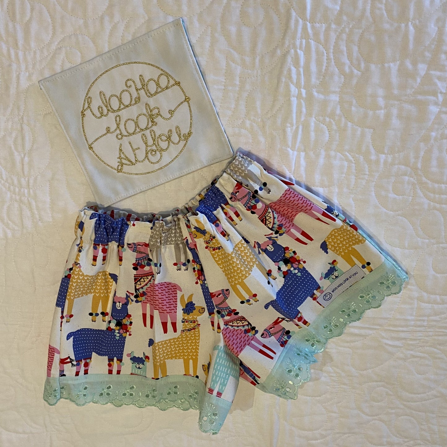 Shorts - LLamas on Cream with Green Anglaise Hemline and Elastic Waist