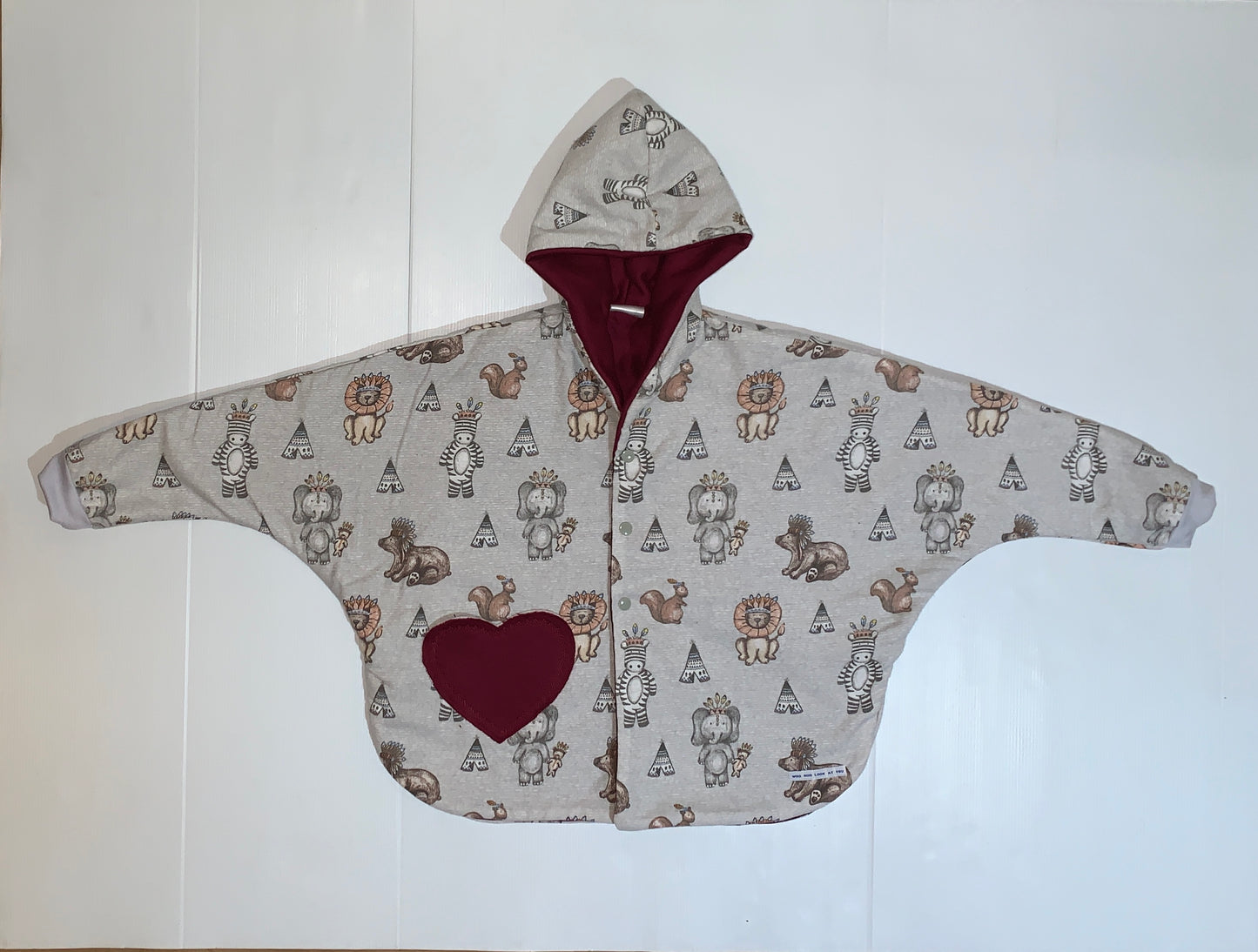 Coat - Poncho Coat - Burgundy Lined, African Animal Print, Hooded, Burgundy Heart Shape Pocket, Grey Cuffs