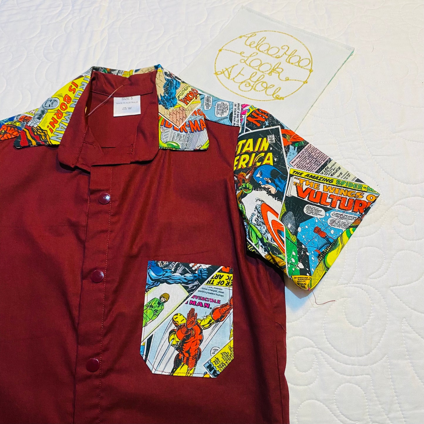 Shirt - Super Hero Comics - Maroon Front and Back with Contrasting Comic Pocket