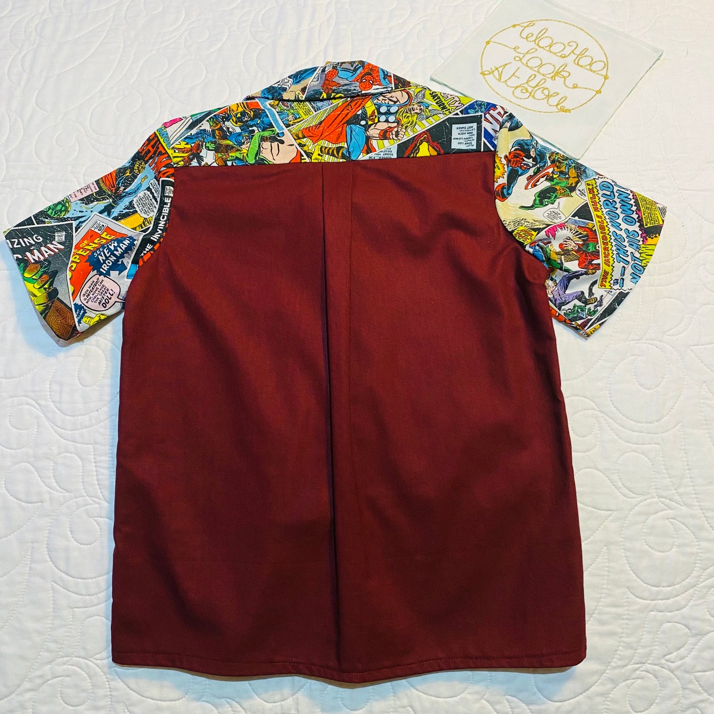 Shirt - Super Hero Comics - Maroon Front and Back with Contrasting Comic Pocket
