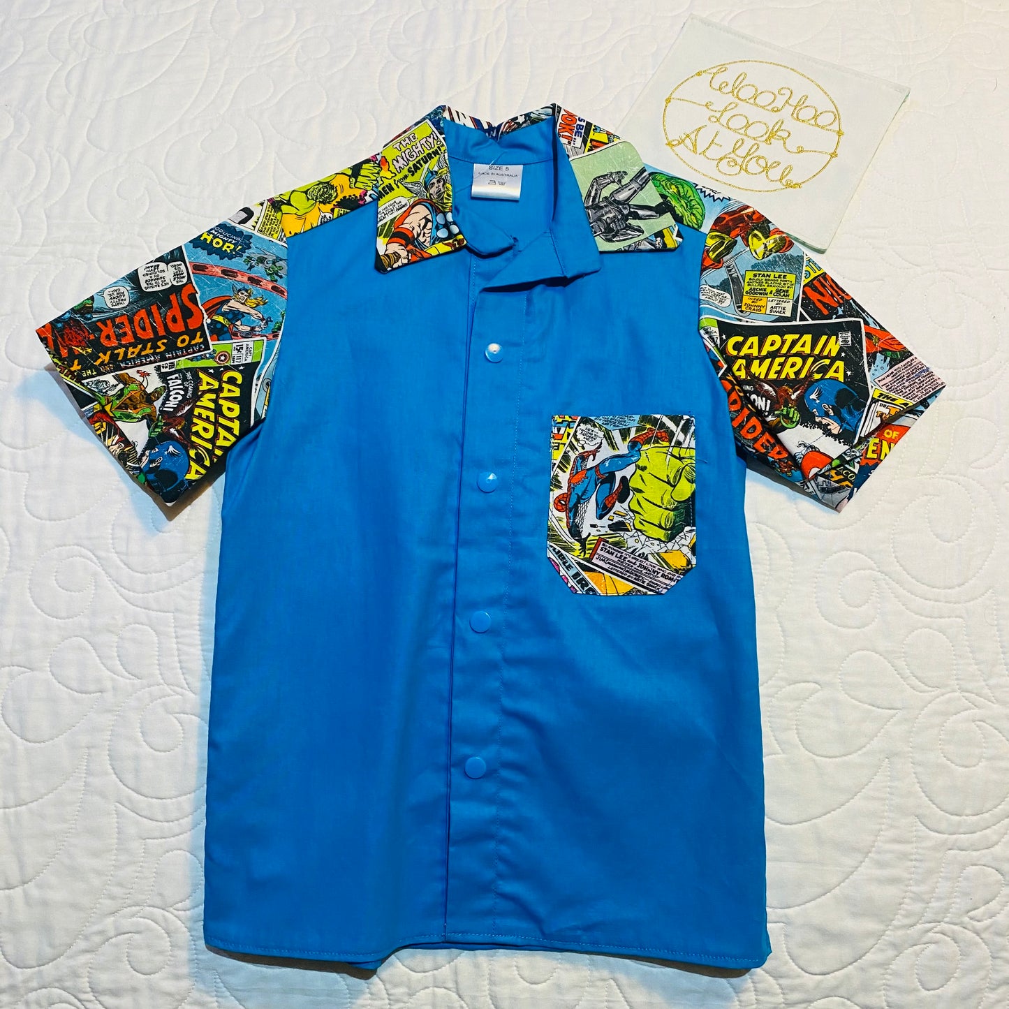 Shirt - Super Hero Comics - Light Blue Front and Back with Contrasting Comic Pocket