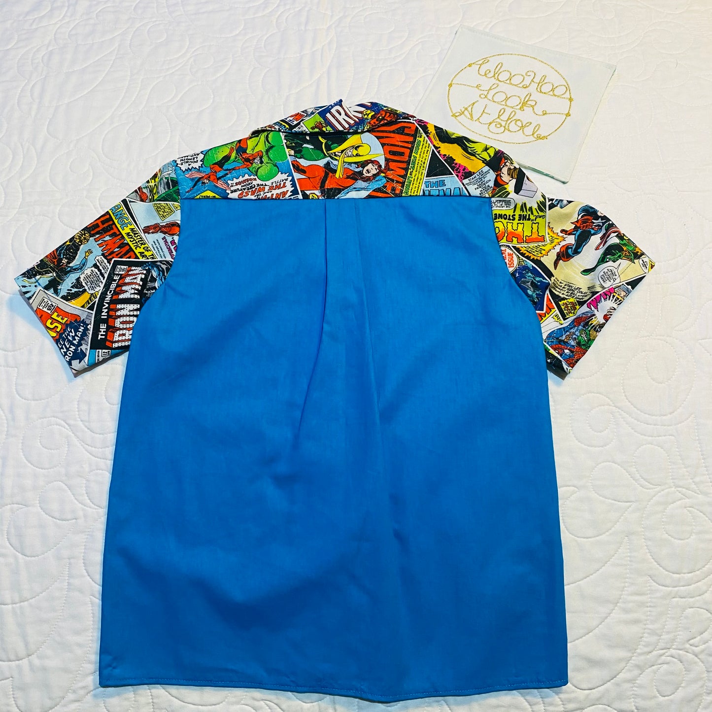 Shirt - Super Hero Comics - Light Blue Front and Back with Contrasting Comic Pocket