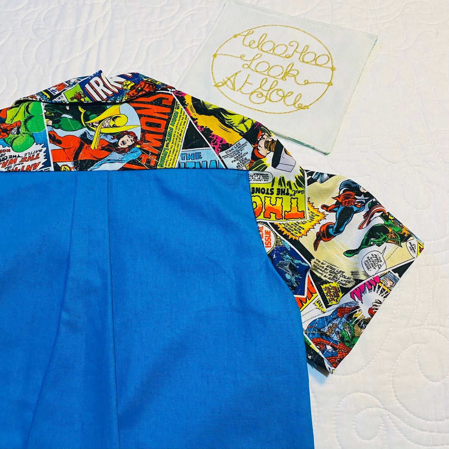 Shirt - Super Hero Comics - Light Blue Front and Back with Contrasting Comic Pocket