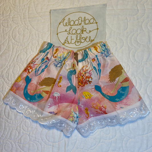 Shorts - Colourful Mermaids with White Anglaise Hemline and Elastic Waist