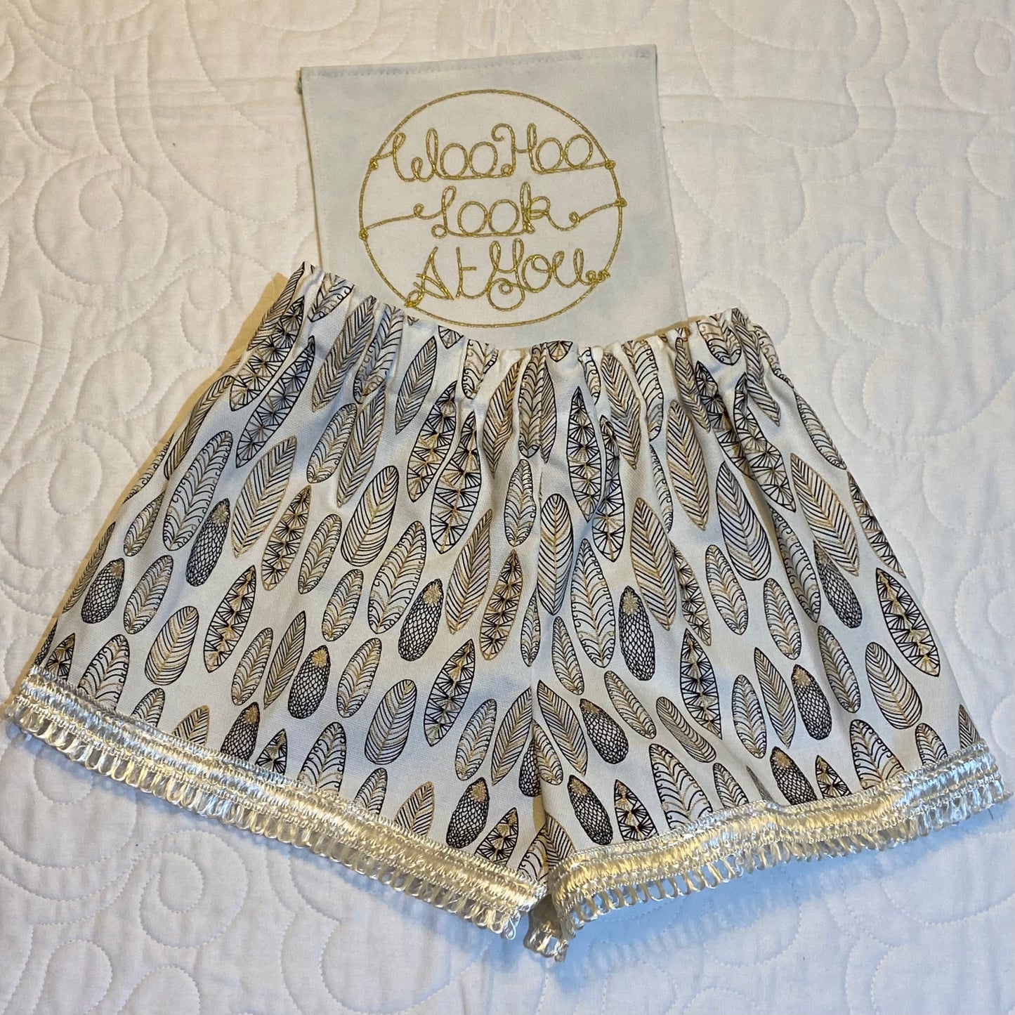 Shorts - Metallic Feathers with Metallic Cream Ribbon Hemline and Elastic Waist