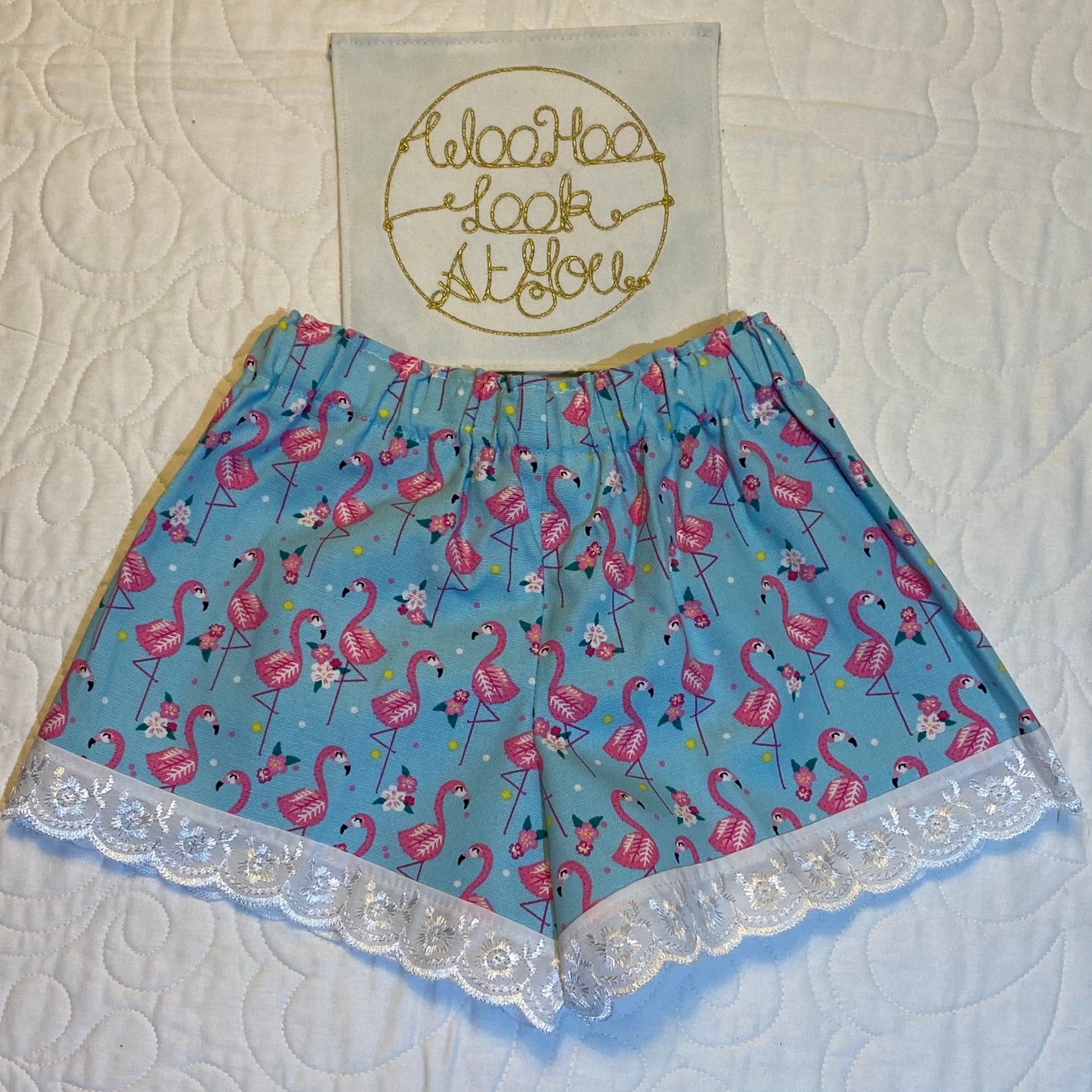 Shorts - Flamingos on Blue with Anglaise Hemline and Elastic Waist