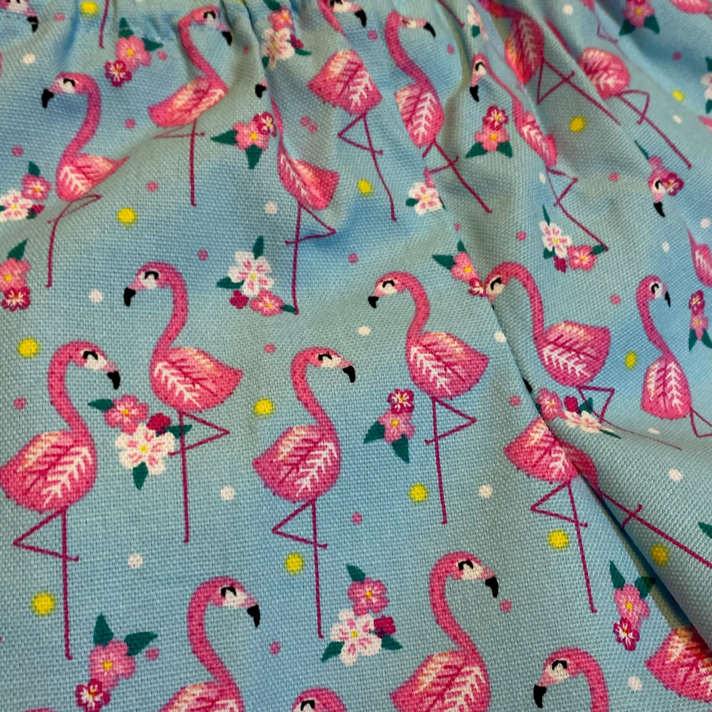 Shorts - Flamingos on Blue with Anglaise Hemline and Elastic Waist