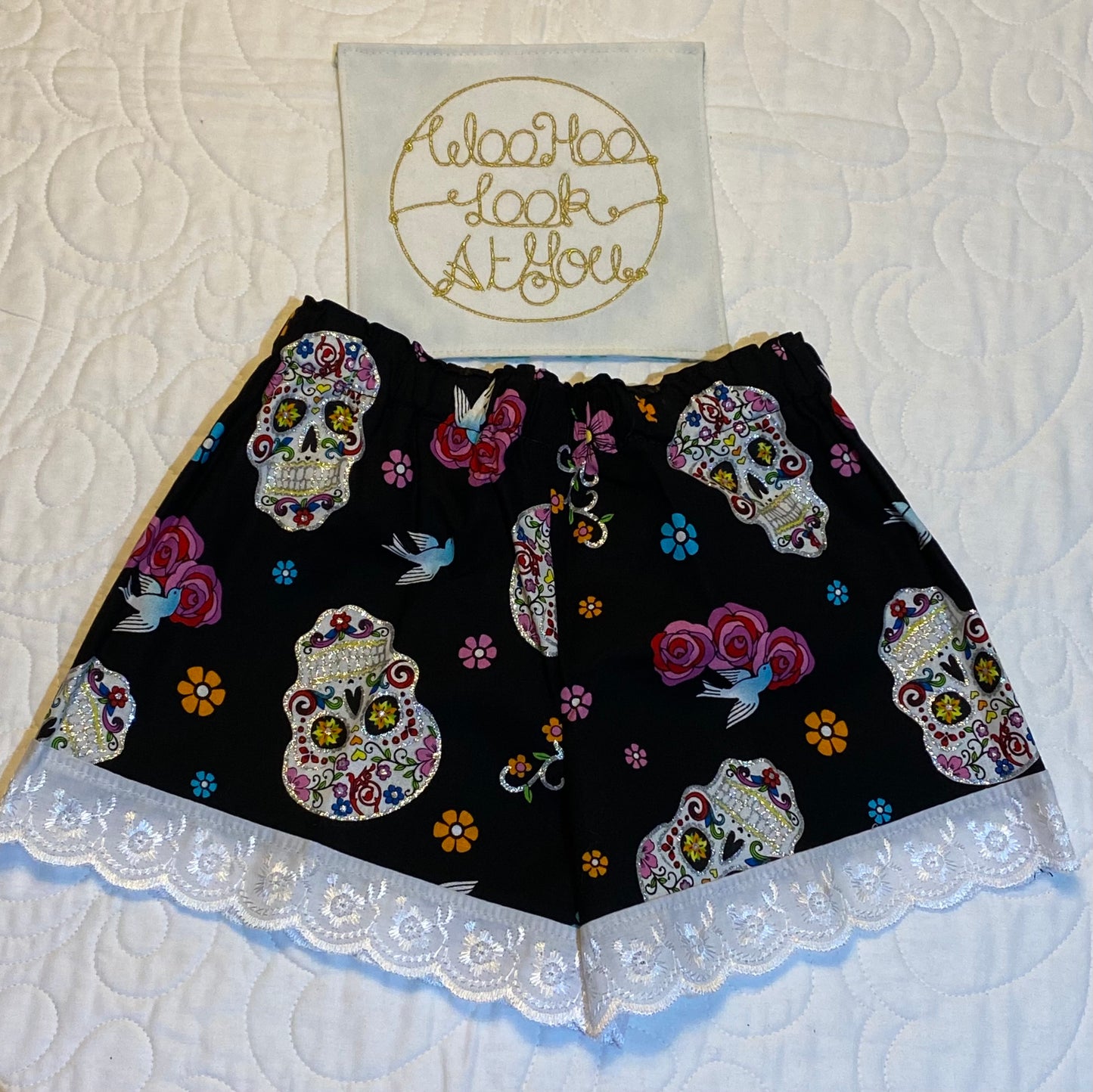 Shorts - Metallic Sparkly Skulls with White Anglaise Hemline and Elastic Waist