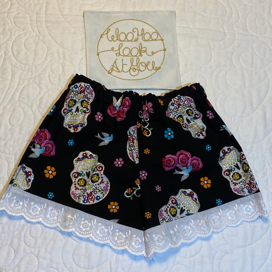 Shorts - Metallic Sparkly Skulls with White Anglaise Hemline and Elastic Waist