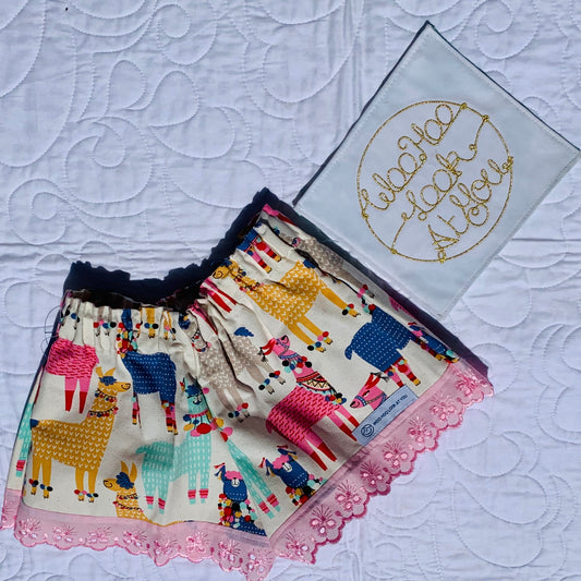 Shorts - LLamas on Cream with Pink Anglaise Hemline and Elastic Waist