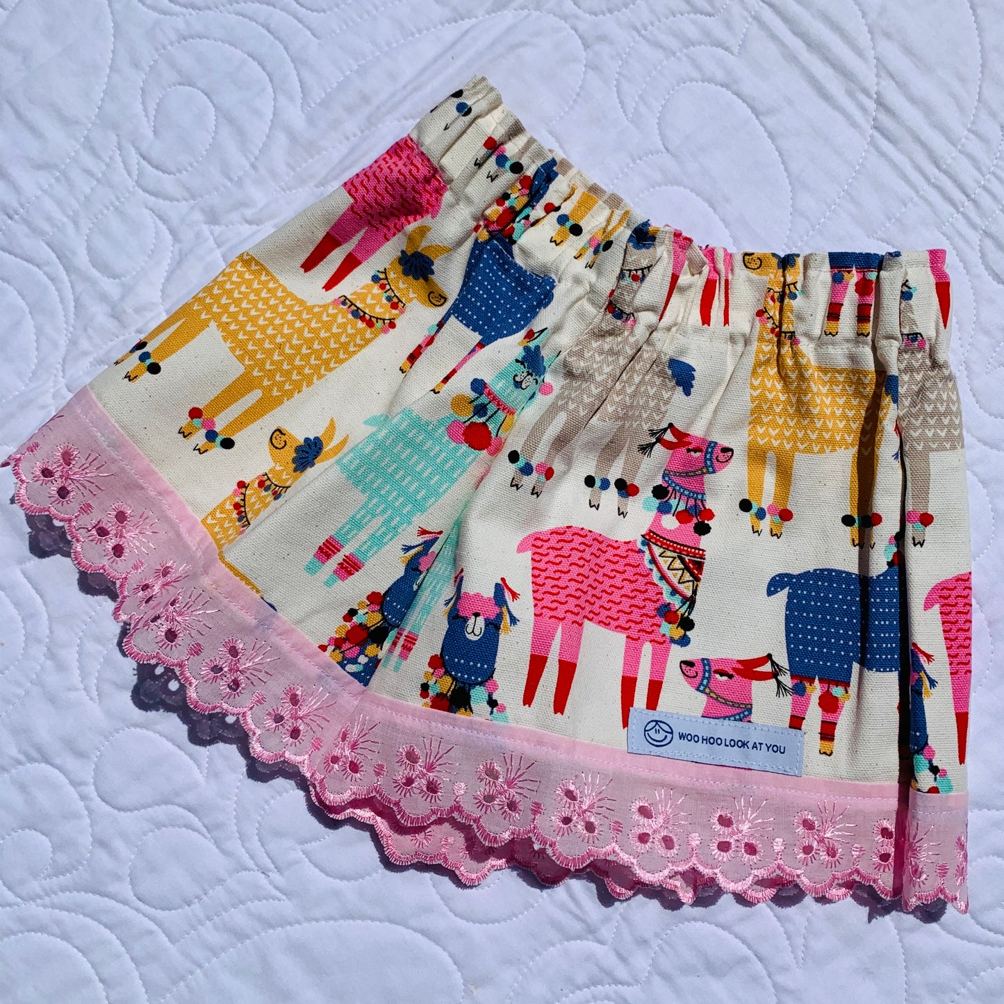 Shorts - LLamas on Cream with Pink Anglaise Hemline and Elastic Waist