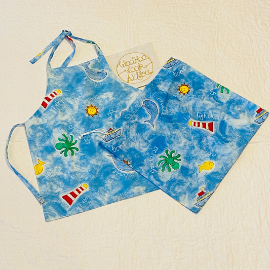Apron and Library Bag- 2 Piece - Sea Life on Light Blue Background