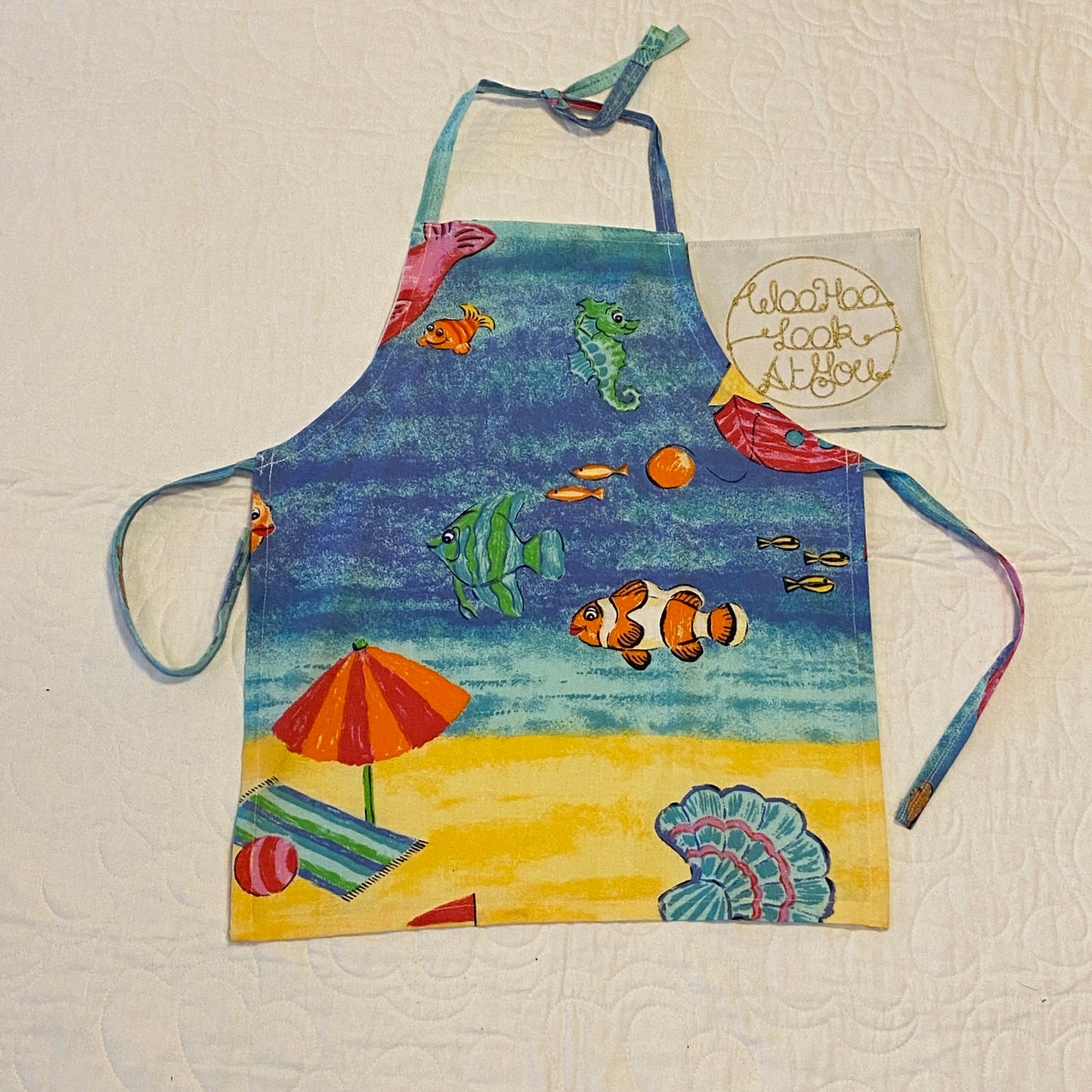 Apron and Library Bag - 2 Piece - Multi-Colour Sea Life on Blue Background