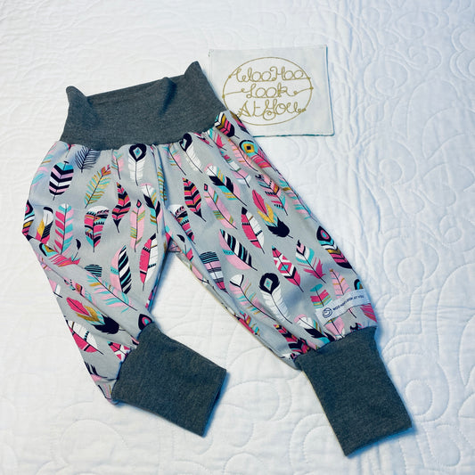 Pants - Harem - Buzoku Cotton - Pink & Teal Feathers with Grey Bands