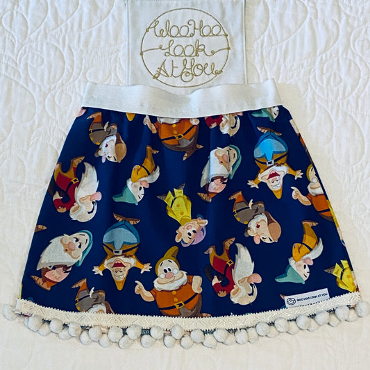 Skirt - Added Elastic Waistband, Multicolour Gnomes on Teal Background, Pom Poms Hem