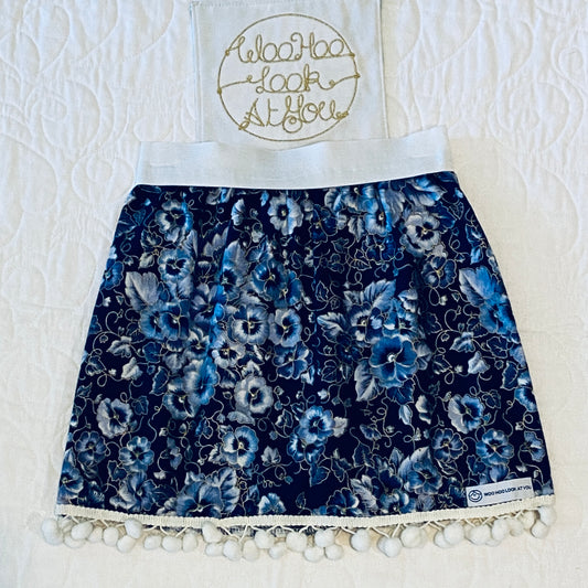 Skirt - Added Elastic Waistband, Pretty Pansies on Navy Blue Background,  Pom Poms Hem