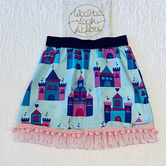 Skirt - Added Elastic Waistband, Princess Castles on Light Blue Background, Pom Poms Hem
