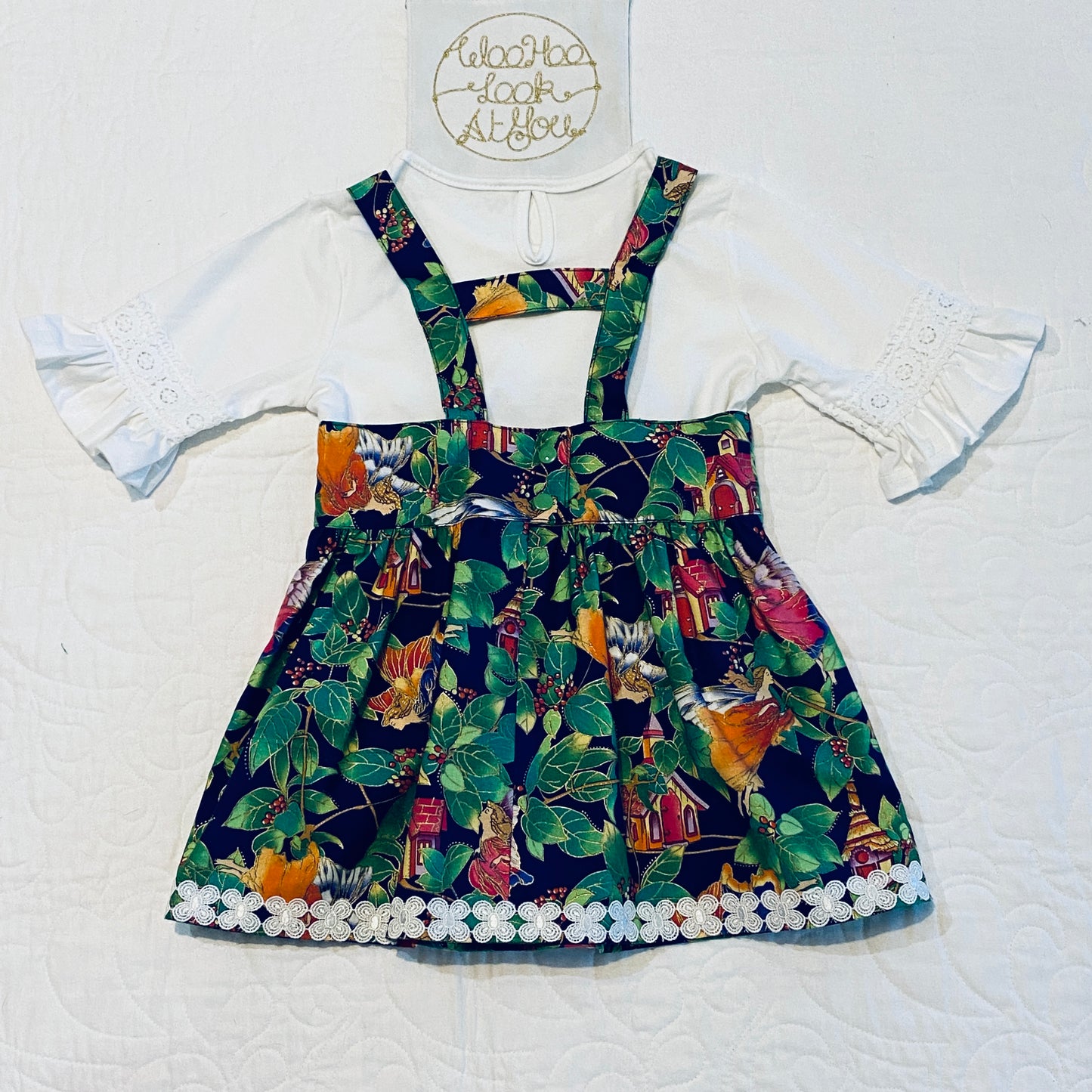 2 Piece - Pinafore - Fairies in the Forest with Chapels and Gold Highlights - Matching White Readymade Tee