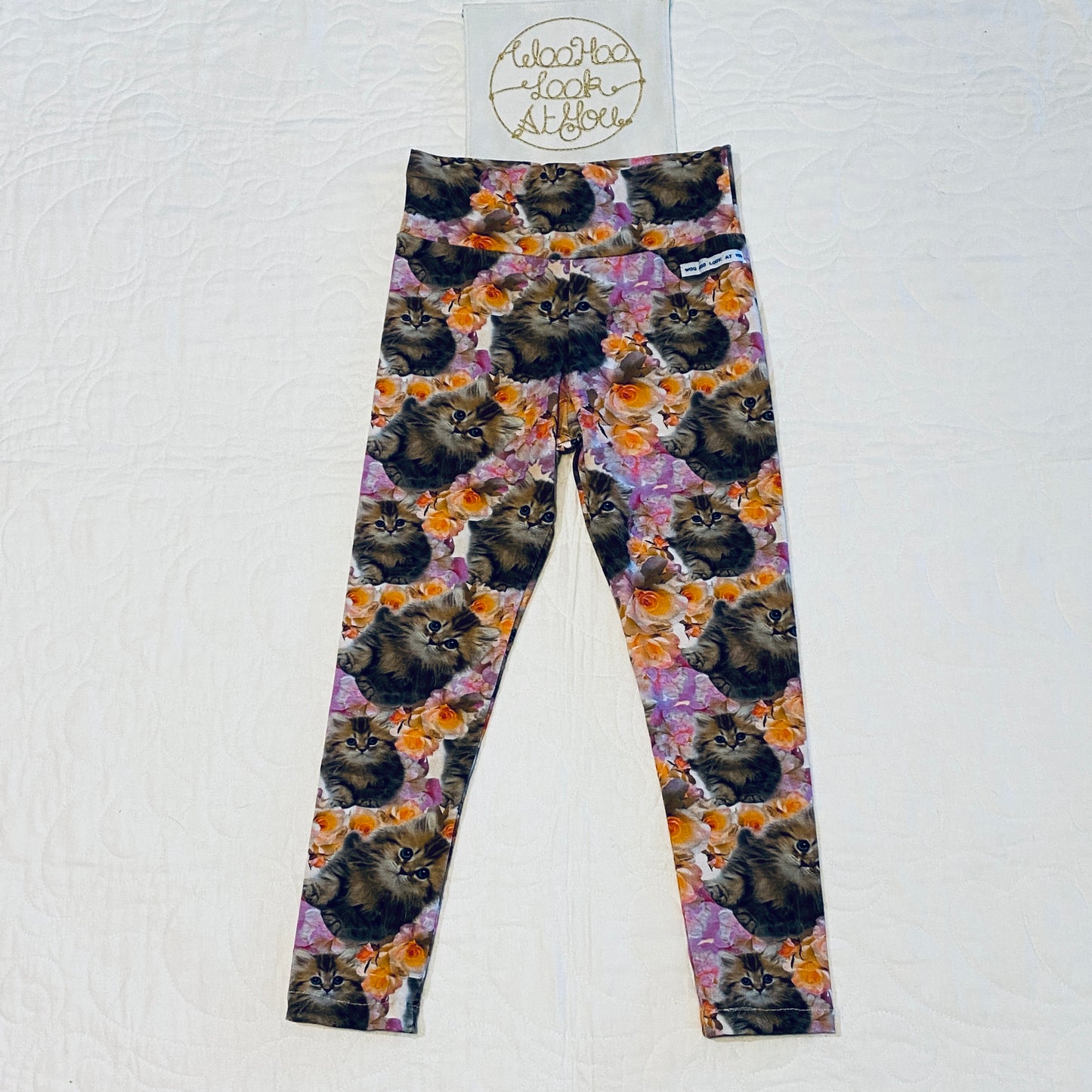 Pants - Leggings - Cats with Orange and Soft Pink Roses