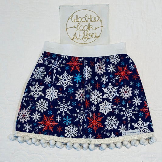 Skirt - Added Elastic Waistband, Multicolour Christmas Snowflakes on Dark Blue Background, Pom Poms Hem