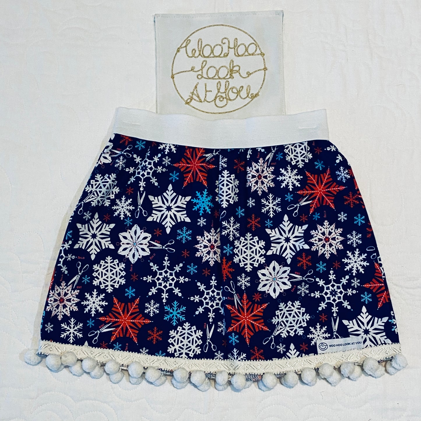 Skirt - Added Elastic Waistband, Coloured Xmas Snowflakes with pom poms