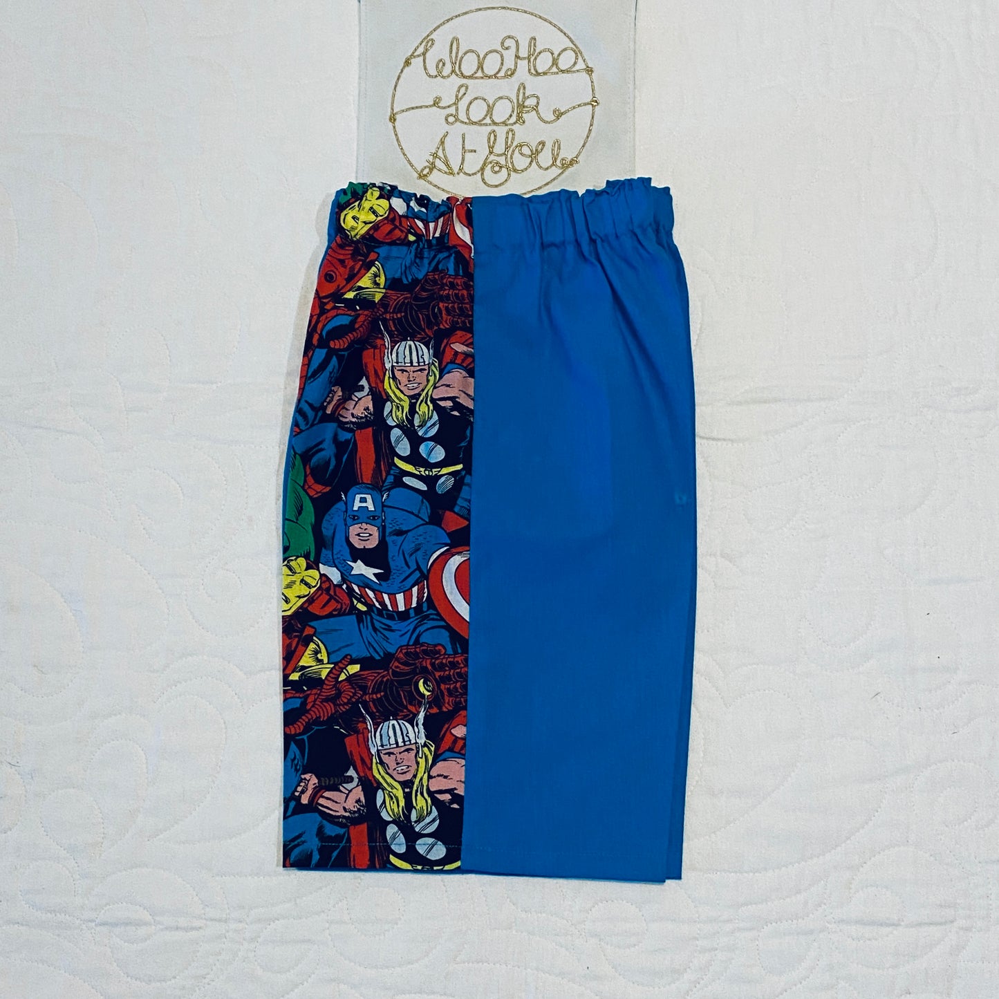 Pants - Cargo Shorts - Cobalt Blue with Action Figures, Flap Pocket for Rocks, Elastic Waist